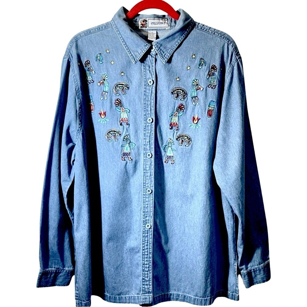 Vintage Passion-I Embroidered Southwestern Denim Longsleeve Button Down Shirt XL